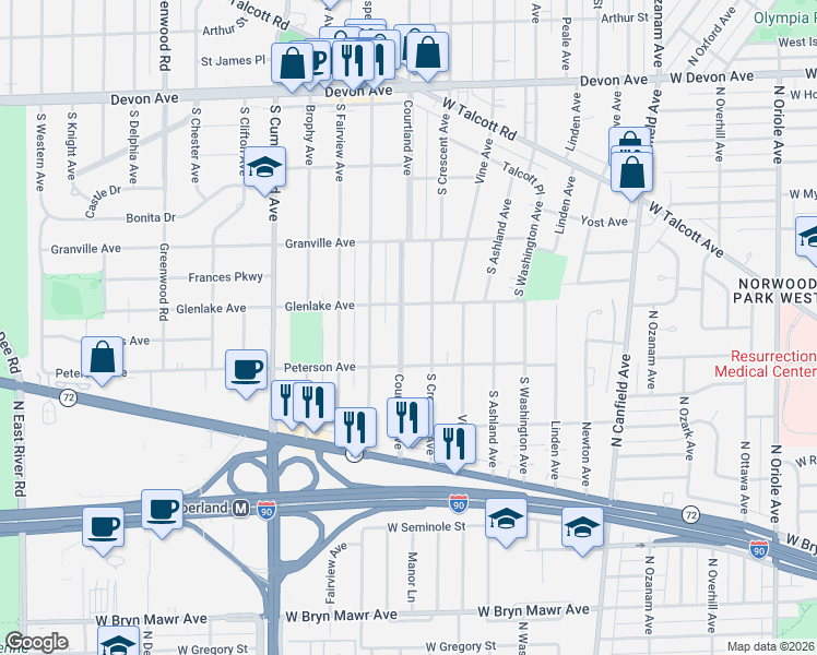 map of restaurants, bars, coffee shops, grocery stores, and more near 1701 Courtland Avenue in Park Ridge