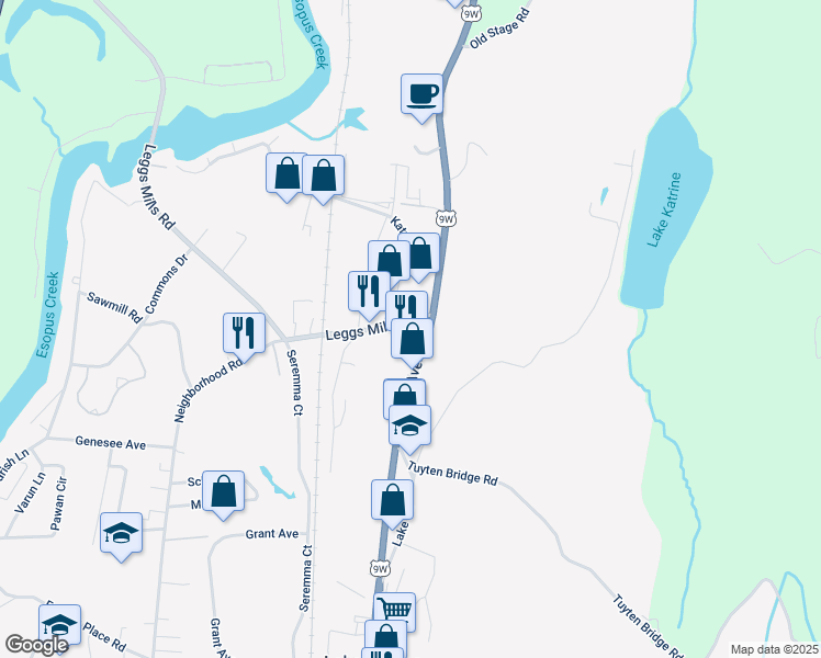 map of restaurants, bars, coffee shops, grocery stores, and more near 11 Leggs Mills Road in Lake Katrine