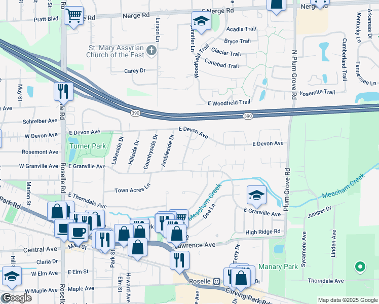 map of restaurants, bars, coffee shops, grocery stores, and more near 475 Club House Circle in Roselle