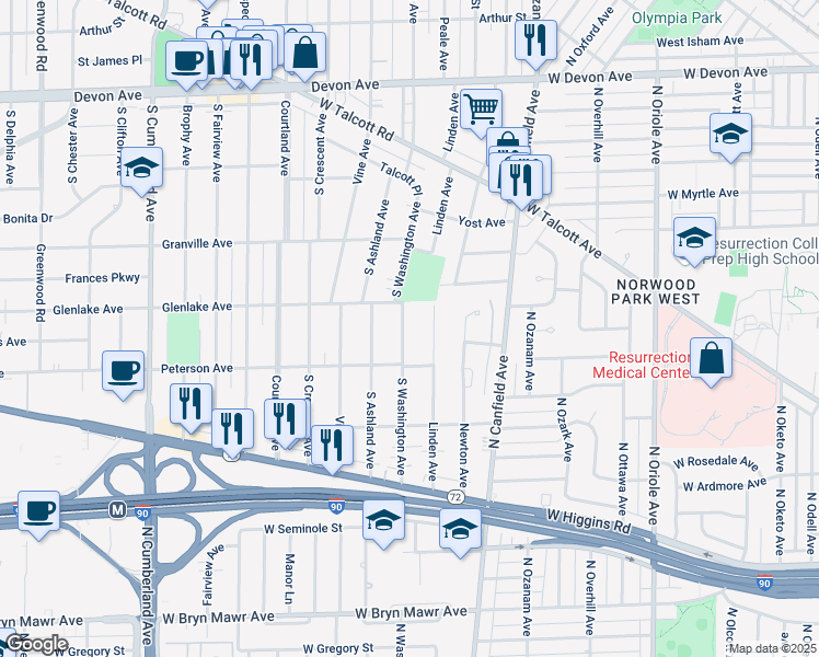 map of restaurants, bars, coffee shops, grocery stores, and more near 1705 South Washington Avenue in Park Ridge