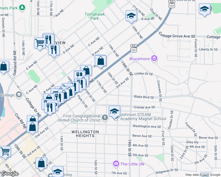 map of restaurants, bars, coffee shops, grocery stores, and more near 1720 3rd Avenue Southeast in Cedar Rapids