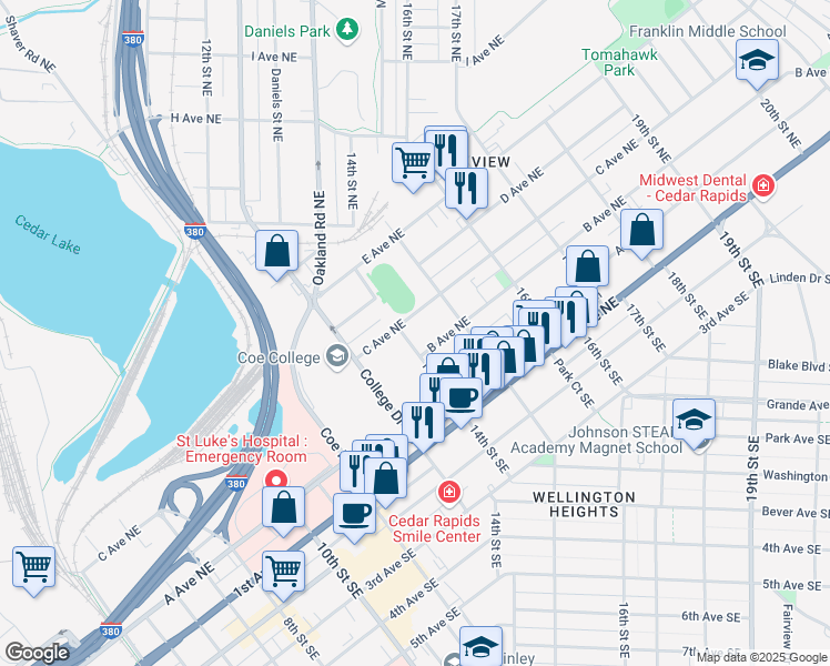 map of restaurants, bars, coffee shops, grocery stores, and more near 318 14th Street Northeast in Cedar Rapids