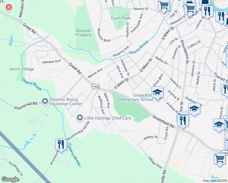 map of restaurants, bars, coffee shops, grocery stores, and more near 641 South Main Street in Woonsocket