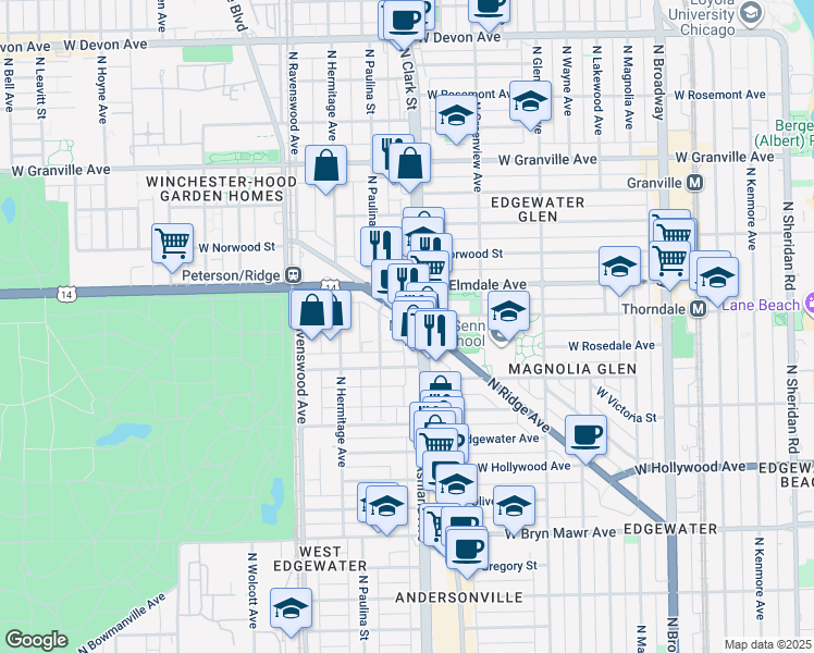 map of restaurants, bars, coffee shops, grocery stores, and more near 5940 North Ridge Avenue in Chicago