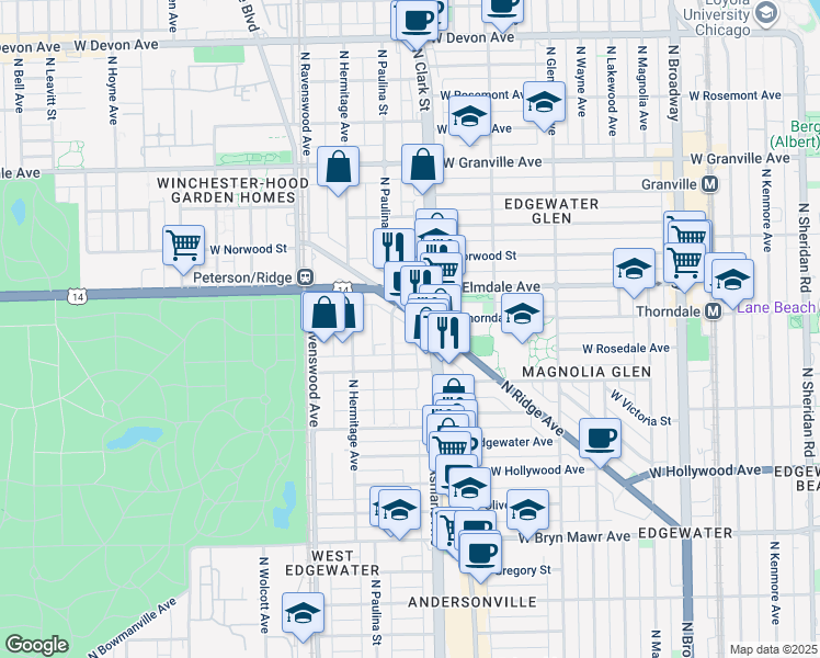 map of restaurants, bars, coffee shops, grocery stores, and more near 5940 North Ridge Avenue in Chicago