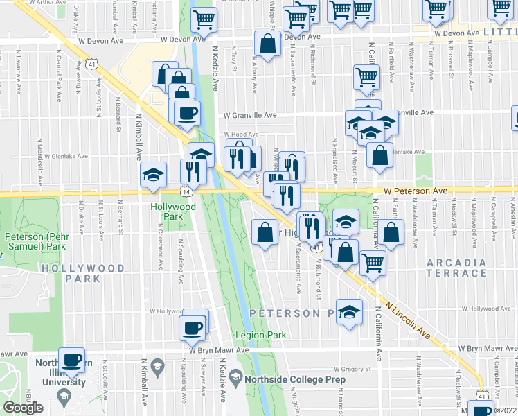 map of restaurants, bars, coffee shops, grocery stores, and more near 5978 North Lincoln Avenue in Chicago