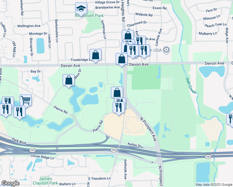 map of restaurants, bars, coffee shops, grocery stores, and more near 1250 North Arlington Heights Road in Itasca