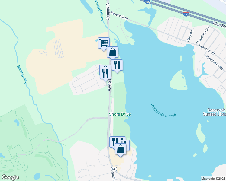 map of restaurants, bars, coffee shops, grocery stores, and more near 233 Mansfield Avenue in Norton
