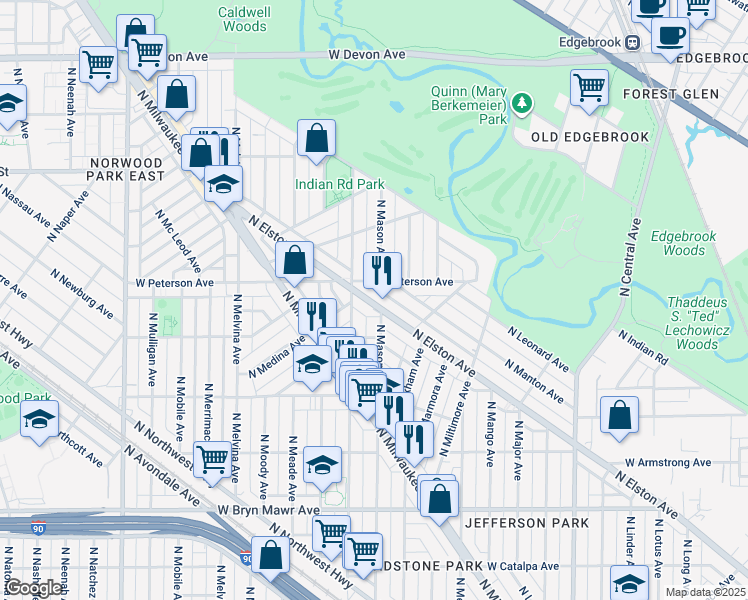 map of restaurants, bars, coffee shops, grocery stores, and more near 5955 North Elston Avenue in Chicago