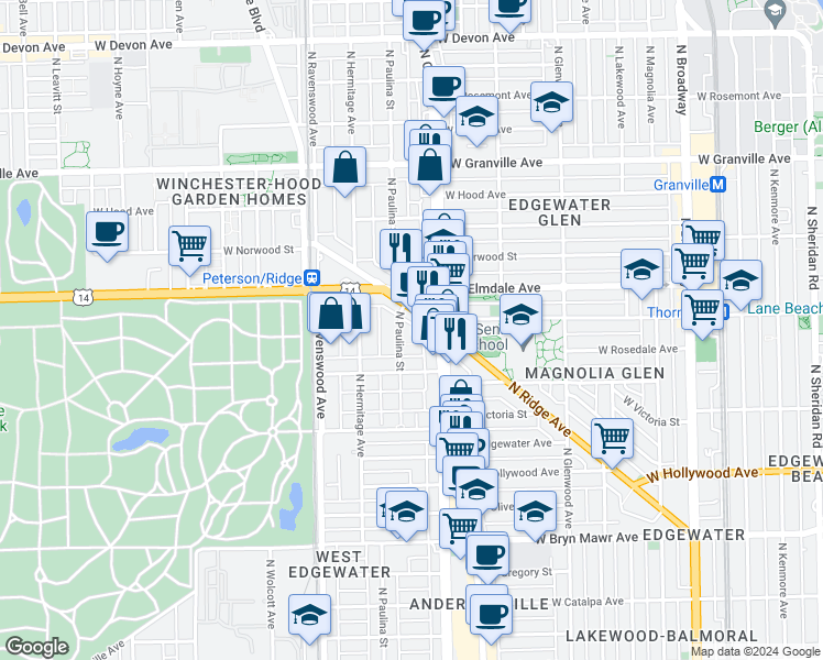 map of restaurants, bars, coffee shops, grocery stores, and more near 5947 North Paulina Street in Chicago