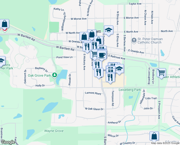 map of restaurants, bars, coffee shops, grocery stores, and more near 300 South Oak Avenue in Bartlett