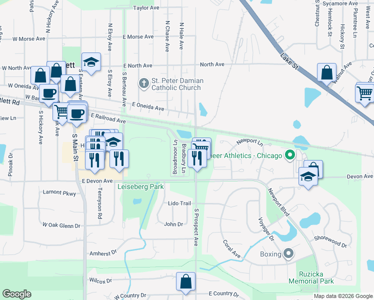 map of restaurants, bars, coffee shops, grocery stores, and more near 314 South Prospect Avenue in Bartlett