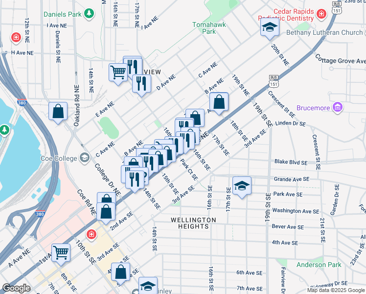 map of restaurants, bars, coffee shops, grocery stores, and more near 1602 1st Avenue Northeast in Cedar Rapids