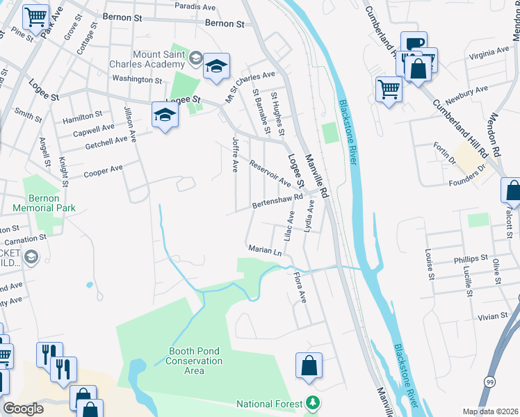 map of restaurants, bars, coffee shops, grocery stores, and more near 198 Bertenshaw Road in Woonsocket
