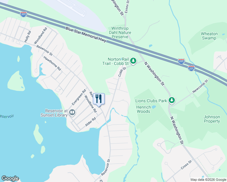 map of restaurants, bars, coffee shops, grocery stores, and more near 48 Cobb Street in Norton