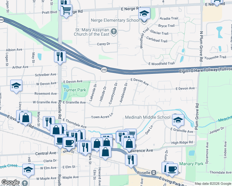 map of restaurants, bars, coffee shops, grocery stores, and more near 357 Countryside Drive in Roselle