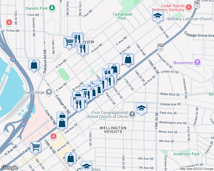 map of restaurants, bars, coffee shops, grocery stores, and more near 1602 1st Avenue Northeast in Cedar Rapids
