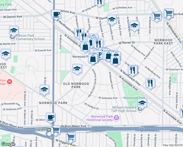 map of restaurants, bars, coffee shops, grocery stores, and more near 5930 North East Circle Avenue in Chicago