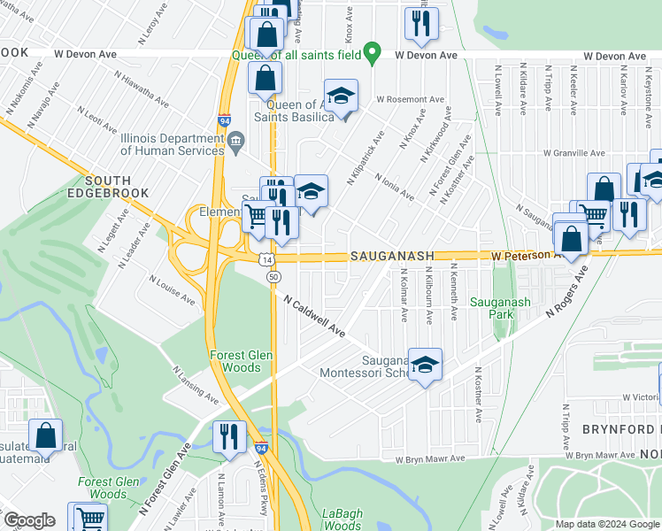 map of restaurants, bars, coffee shops, grocery stores, and more near 4677 West Peterson Avenue in Chicago
