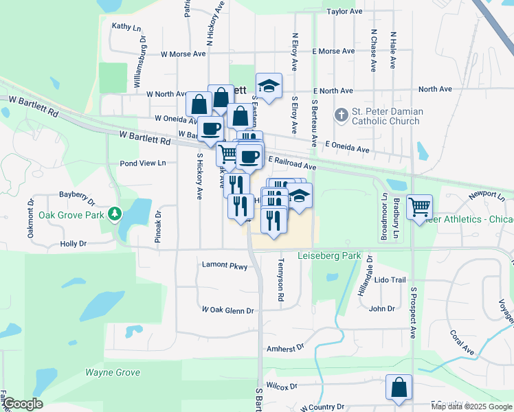 map of restaurants, bars, coffee shops, grocery stores, and more near 331 South Main Street in Bartlett
