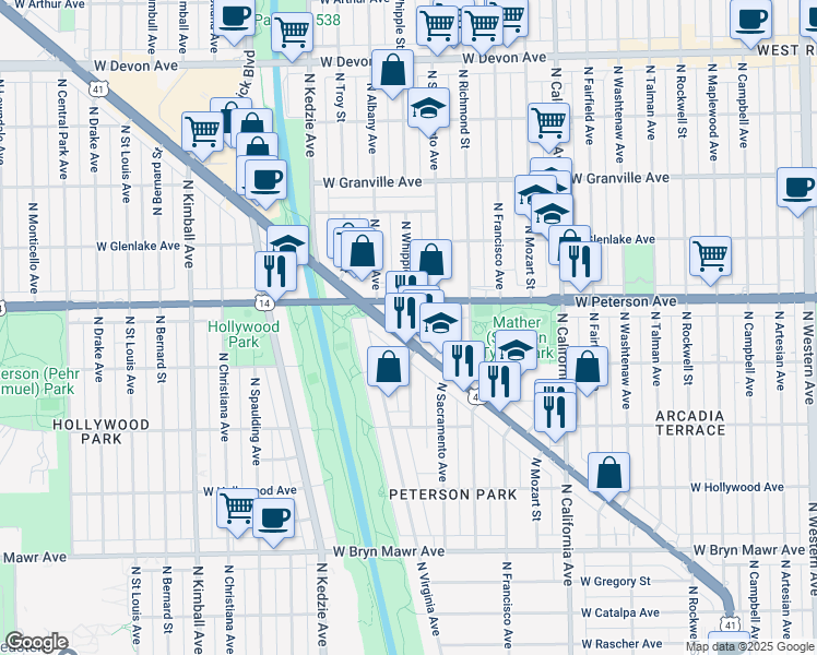 map of restaurants, bars, coffee shops, grocery stores, and more near 5941 North Lincoln Avenue in Chicago