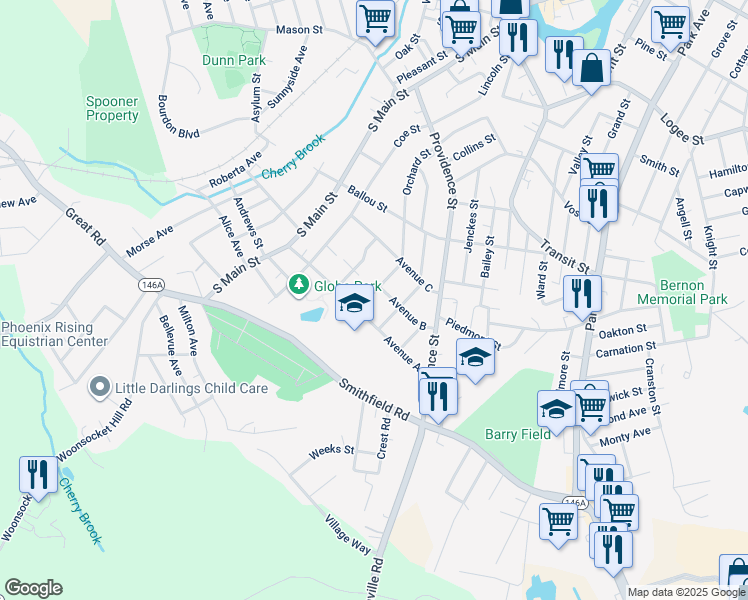 map of restaurants, bars, coffee shops, grocery stores, and more near 408 Orchard Street in Woonsocket