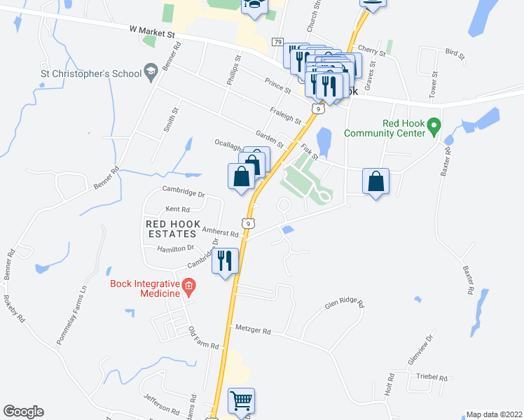 map of restaurants, bars, coffee shops, grocery stores, and more near 7376 South Broadway in Red Hook