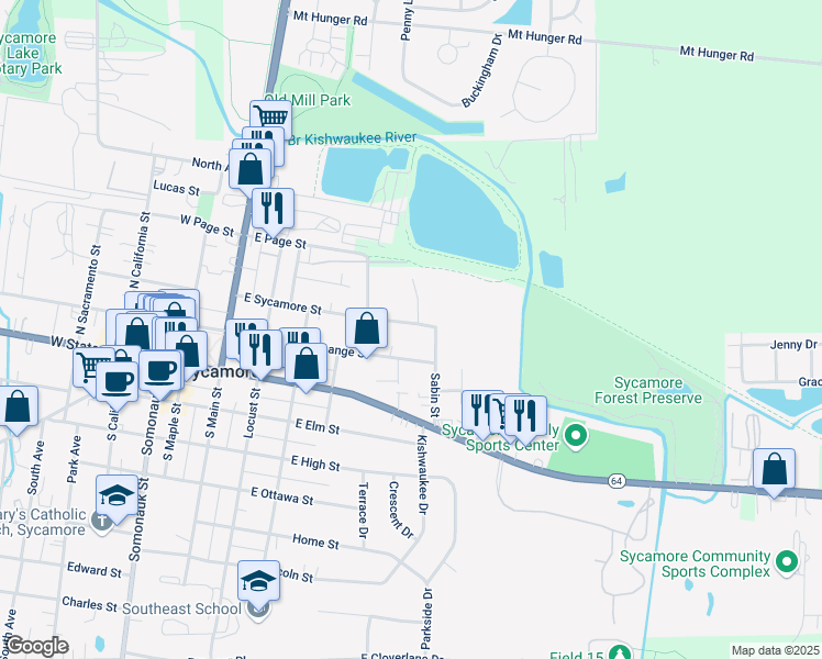 map of restaurants, bars, coffee shops, grocery stores, and more near 518 East Sycamore Street in Sycamore
