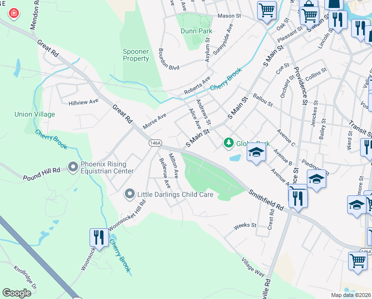 map of restaurants, bars, coffee shops, grocery stores, and more near 640 South Main Street in Woonsocket