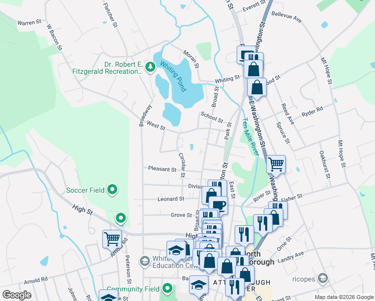 map of restaurants, bars, coffee shops, grocery stores, and more near 128-158 Broad Street in North Attleborough