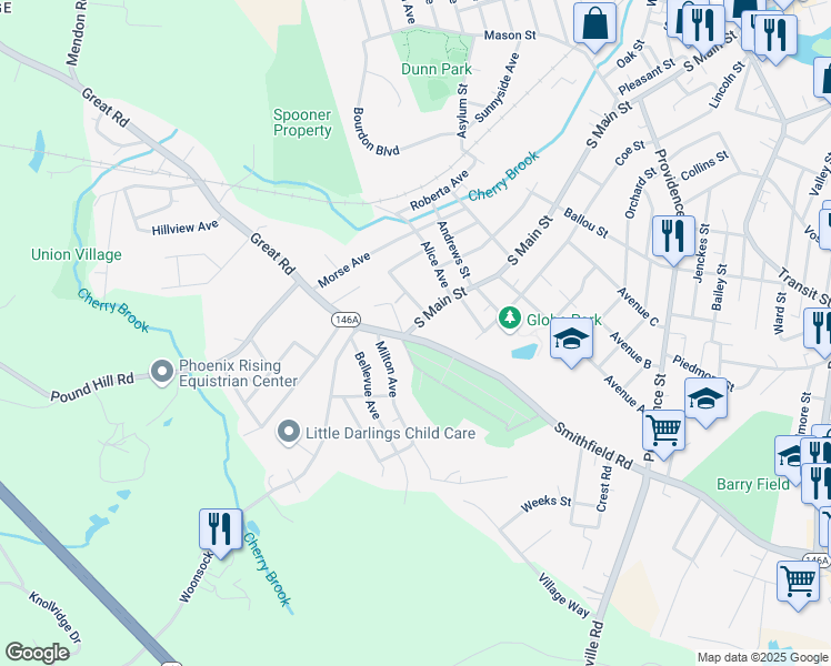 map of restaurants, bars, coffee shops, grocery stores, and more near 641 South Main Street in Woonsocket