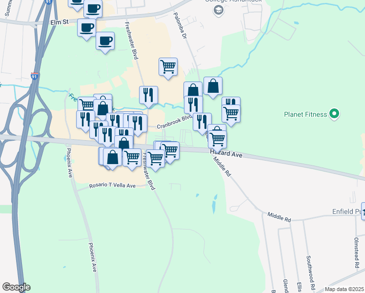 map of restaurants, bars, coffee shops, grocery stores, and more near 55 Hazard Avenue in Enfield