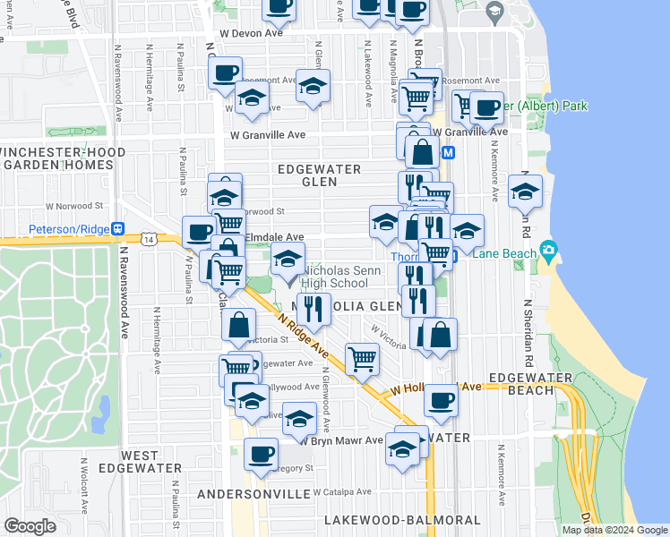 map of restaurants, bars, coffee shops, grocery stores, and more near 1356 West Thorndale Avenue in Chicago