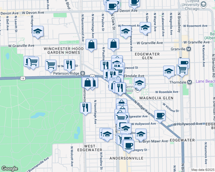 map of restaurants, bars, coffee shops, grocery stores, and more near 5936 North Paulina Street in Chicago