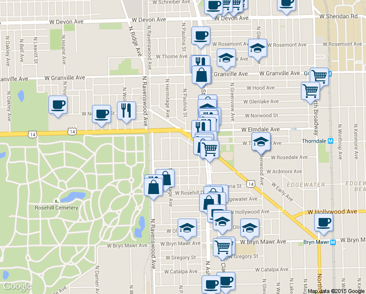 map of restaurants, bars, coffee shops, grocery stores, and more near 5936 North Paulina Street in Chicago