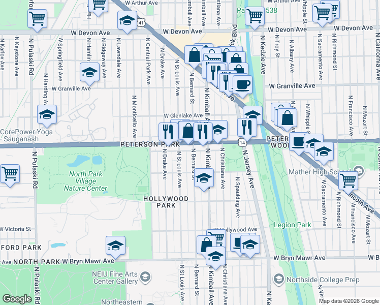 map of restaurants, bars, coffee shops, grocery stores, and more near 5936 North Bernard Street in Chicago