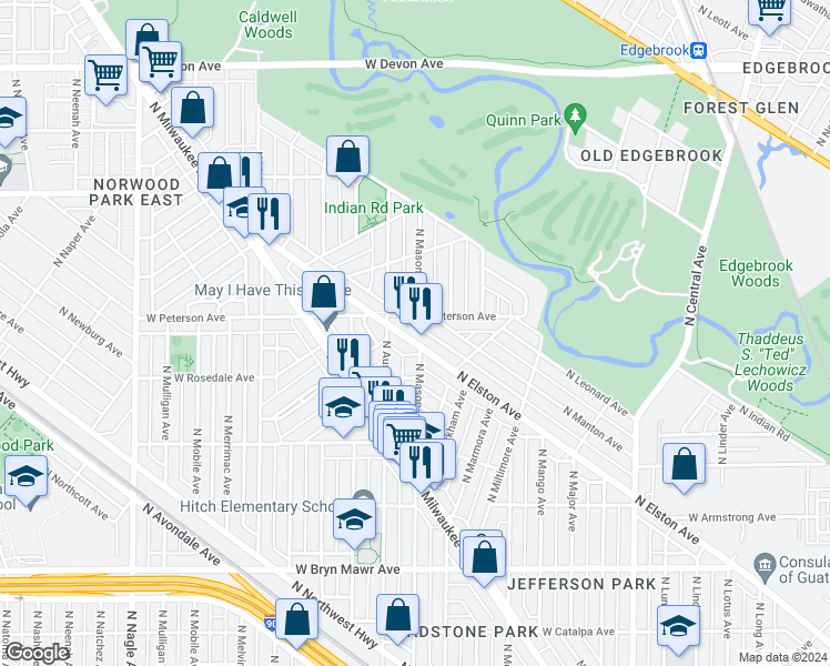 map of restaurants, bars, coffee shops, grocery stores, and more near 5955 North Elston Avenue in Chicago