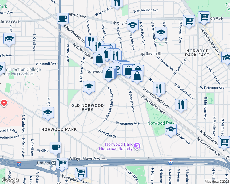 map of restaurants, bars, coffee shops, grocery stores, and more near 5930 North East Circle Avenue in Chicago