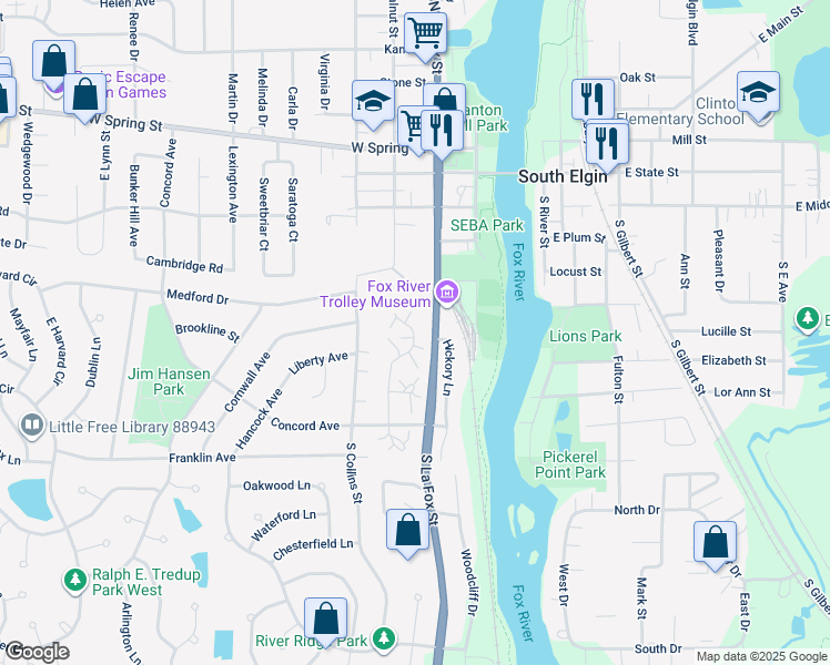 map of restaurants, bars, coffee shops, grocery stores, and more near 259 Windsor Court in South Elgin