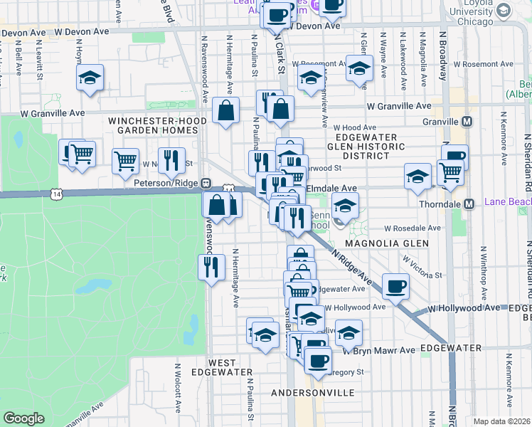 map of restaurants, bars, coffee shops, grocery stores, and more near 5936 North Paulina Street in Chicago