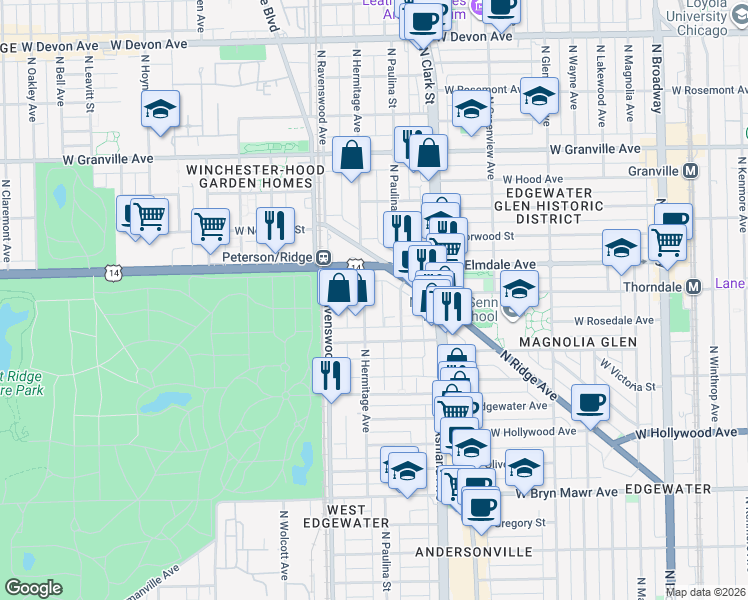 map of restaurants, bars, coffee shops, grocery stores, and more near 5936 North Paulina Street in Chicago