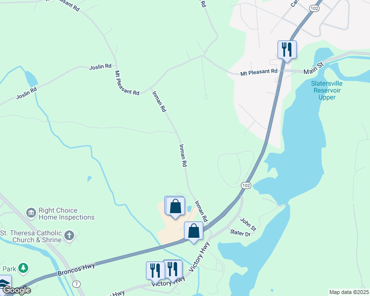 map of restaurants, bars, coffee shops, grocery stores, and more near 213 Inman Road in Burrillville
