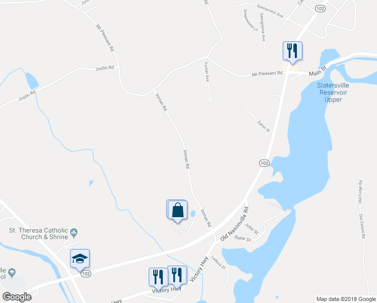map of restaurants, bars, coffee shops, grocery stores, and more near 213 Inman Road in Burrillville