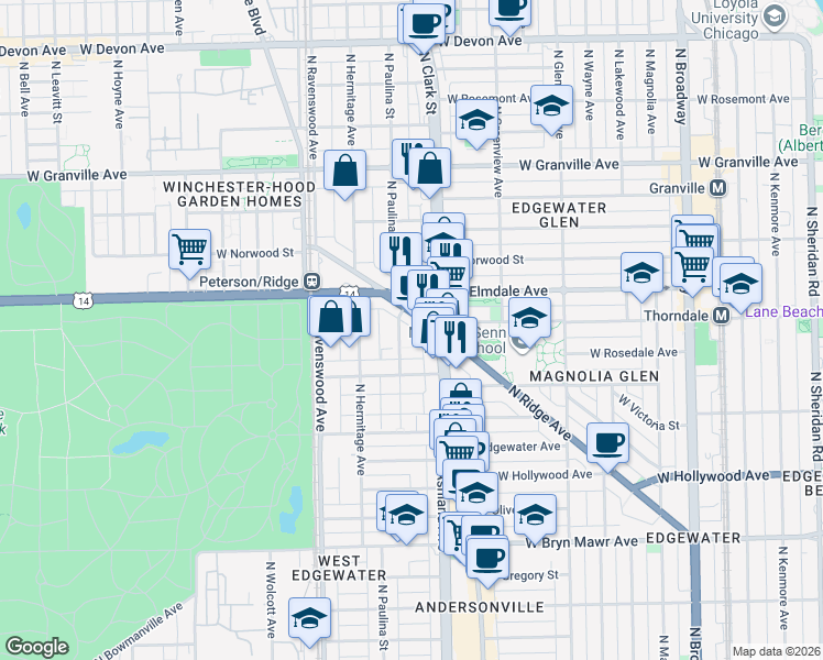 map of restaurants, bars, coffee shops, grocery stores, and more near 5940 North Ridge Avenue in Chicago