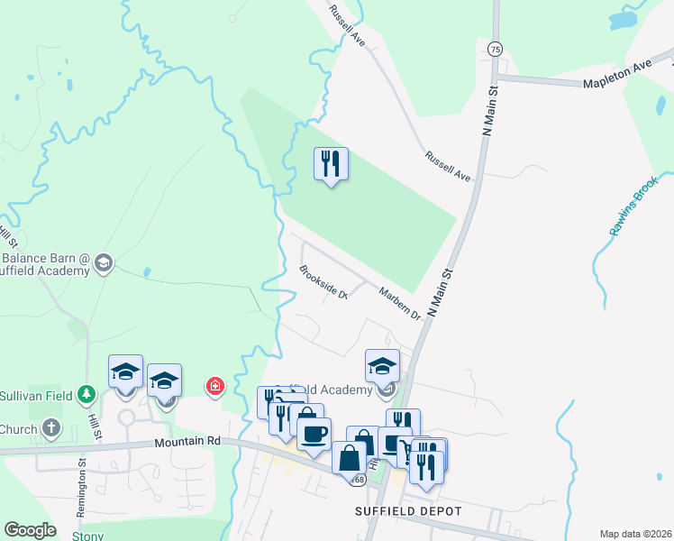 map of restaurants, bars, coffee shops, grocery stores, and more near 95 Marbern Drive in Suffield