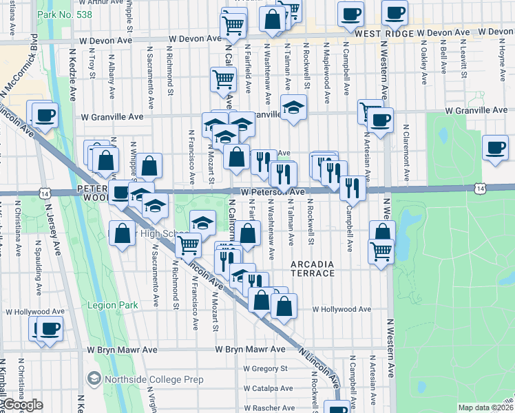 map of restaurants, bars, coffee shops, grocery stores, and more near 5928 North Washtenaw Avenue in Chicago