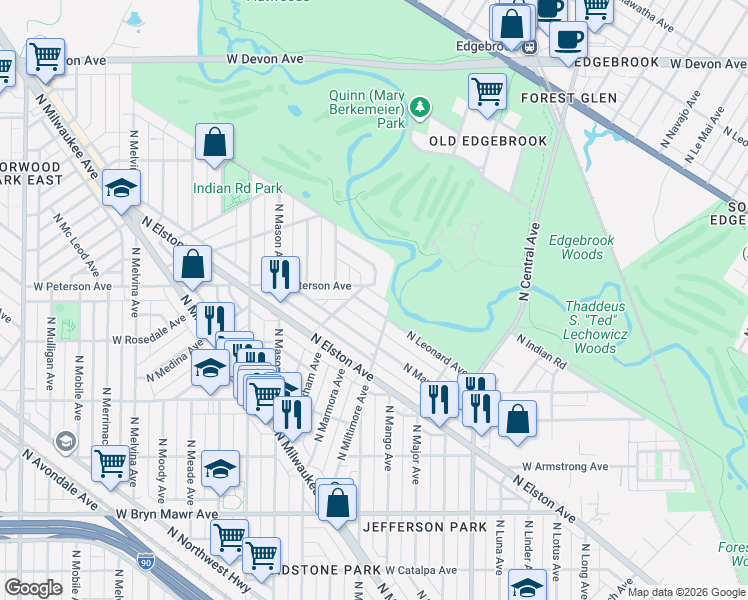 map of restaurants, bars, coffee shops, grocery stores, and more near 5915 North Leonard Avenue in Chicago