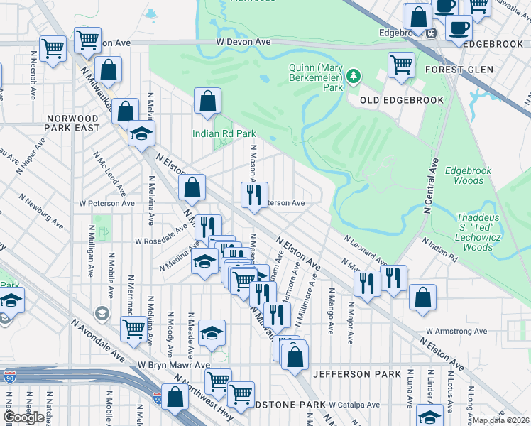map of restaurants, bars, coffee shops, grocery stores, and more near 5976 North Manton Avenue in Chicago