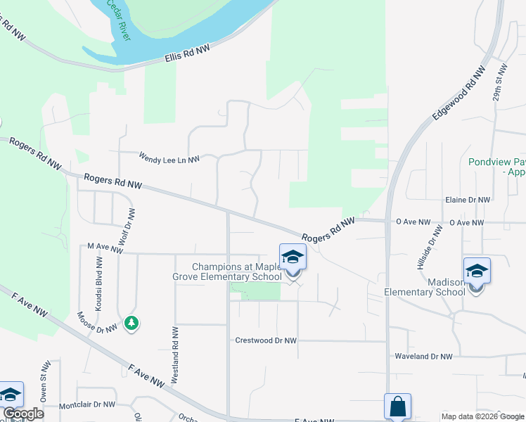 map of restaurants, bars, coffee shops, grocery stores, and more near 1603 Greenlefe Drive Northwest in Cedar Rapids