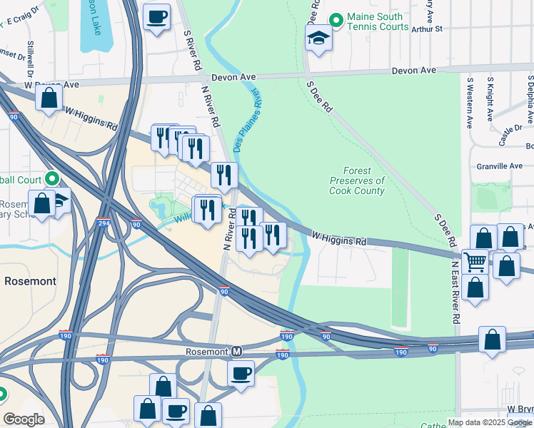 map of restaurants, bars, coffee shops, grocery stores, and more near 9399 West Higgins Road in Rosemont